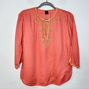 Gap Coral 100% Linen Tunic Top w Embroidery Size Large, Vintage Blouse, Neck Tie
